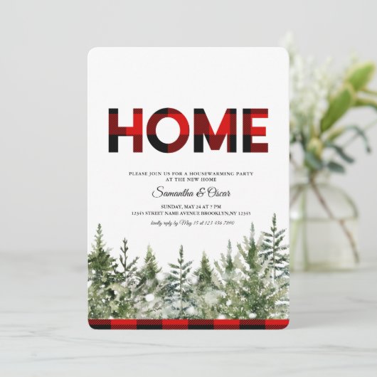 Waterverf Groene Pijnboom en rode Buffalo Geplakt Save The Date (Staand voorkant)