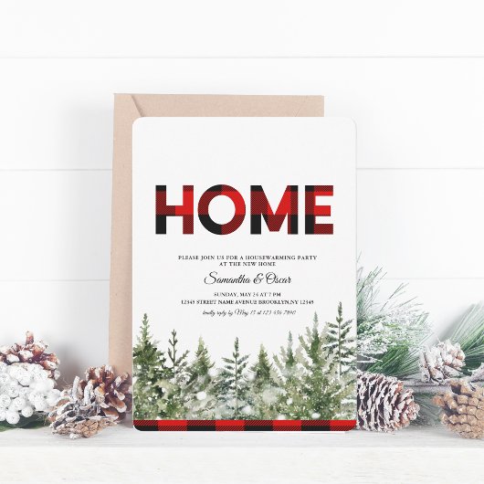 Waterverf Groene Pijnboom en rode Buffalo Geplakt  Save The Date