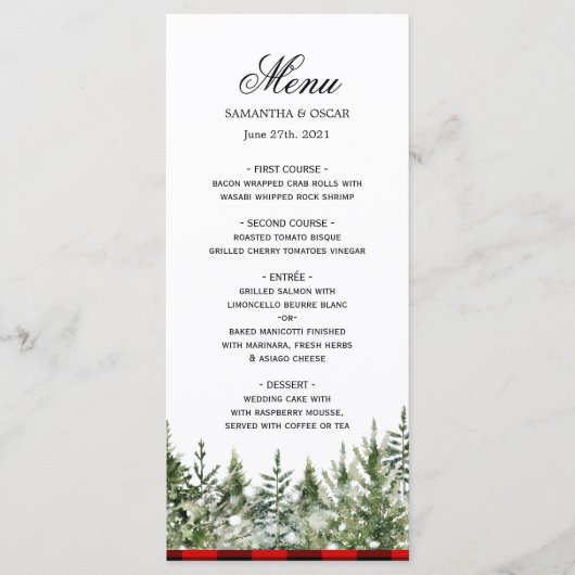 Waterverf groene pijnboom en rode buffelplaat menu (Voorkant)