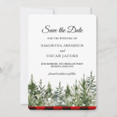 Waterverf groene pijnboom en rode buffelplaat save the date (Voorkant)