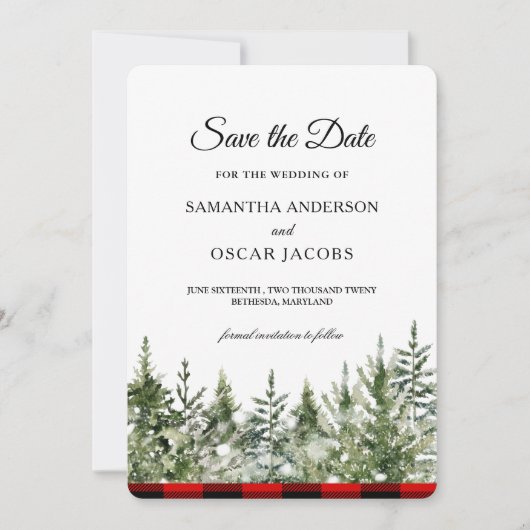 Waterverf groene pijnboom en rode buffelplaat save the date (Voorkant)