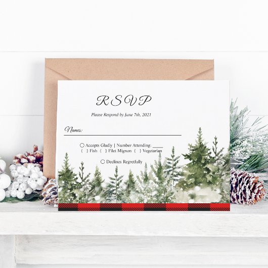 Waterverf groene pijnboom en rode buffelplaat uitnodiging briefkaart