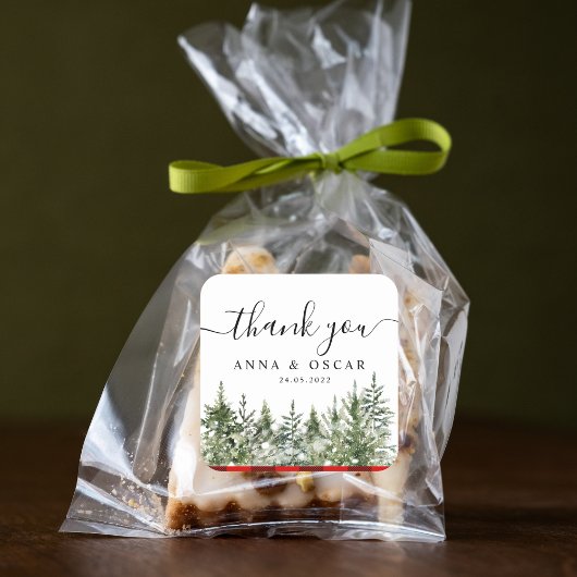 Waterverf groene pijnboom en rode buffelplaat vierkante sticker