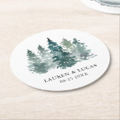 Waterverf Groene Pijnspar Bomen Bos Bruiloft Ronde Kartonnen Onderzetter (Gebogen)