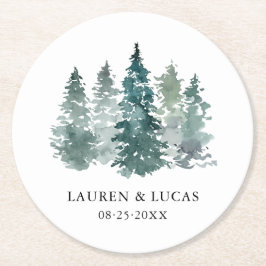 Waterverf Groene Pijnspar Bomen Bos Bruiloft Ronde Kartonnen Onderzetter