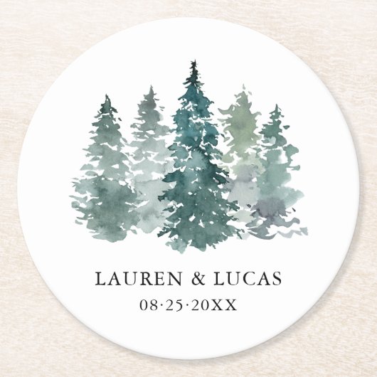 Waterverf Groene Pijnspar Bomen Bos Bruiloft Ronde Kartonnen Onderzetter (Voorkant)