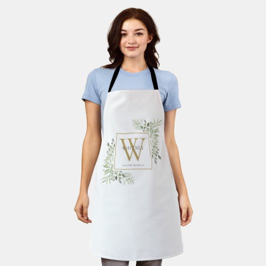 Waterverf Groene Plantengroei Gouden Monogram Schort (Gedragen)