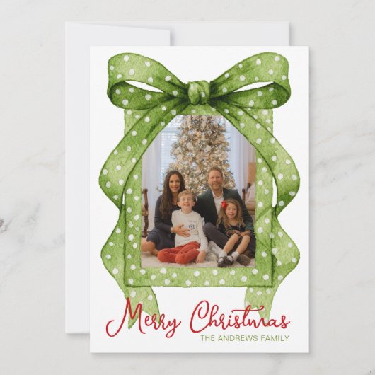 Waterverf Groene Polka Dot Bow Kerstfoto Feestdagenkaart (Voorkant)