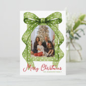 Waterverf Groene Polka Dot Bow Kerstfoto Feestdagenkaart (Staand voorkant)