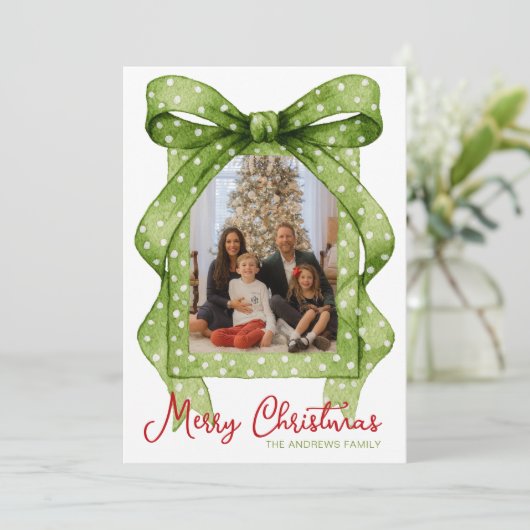 Waterverf Groene Polka Dot Bow Kerstfoto Feestdagenkaart (Staand voorkant)