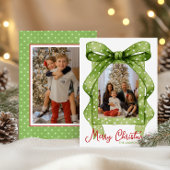 Waterverf Groene Polka Dot Bow Kerstfoto Feestdagenkaart