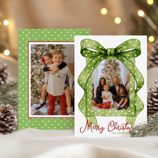 Waterverf Groene Polka Dot Bow Kerstfoto Feestdagenkaart
