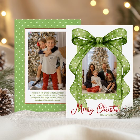Waterverf Groene Polka Dot Bow Kerstfoto Feestdagenkaart