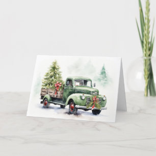 Waterverf Groene Retro Kerstwagen Feestdagen Kaart