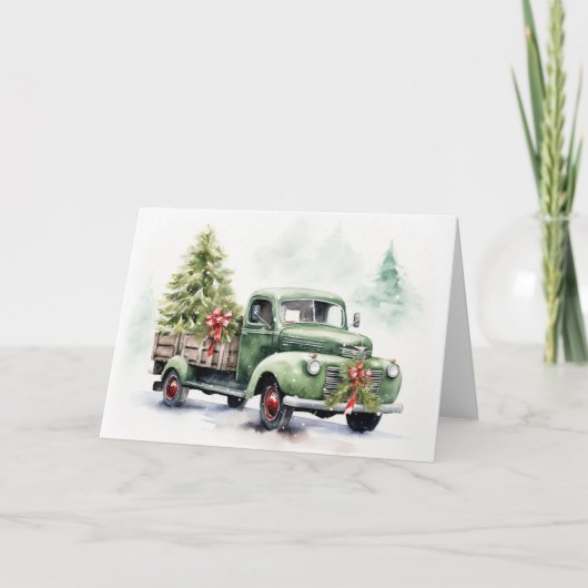 Waterverf Groene Retro Kerstwagen Feestdagen Kaart (Voorkant)