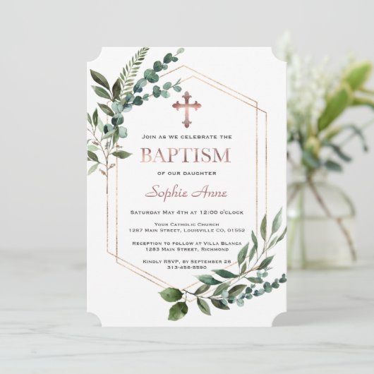 Waterverf Groene Rozen Goud Meisje Doop Kaart (Staand voorkant)