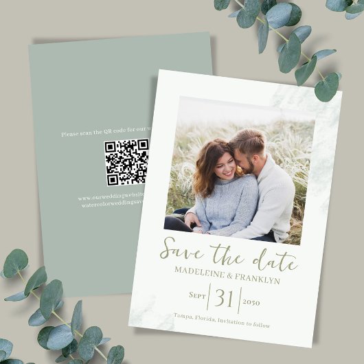 Waterverf groene save the date foto bruiloft kaart