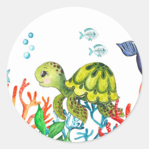 Waterverf groene schildpad onder Zee Birthday Ronde Sticker