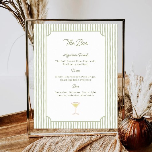 Waterverf groene strepen bruiloftsshower bar menu poster