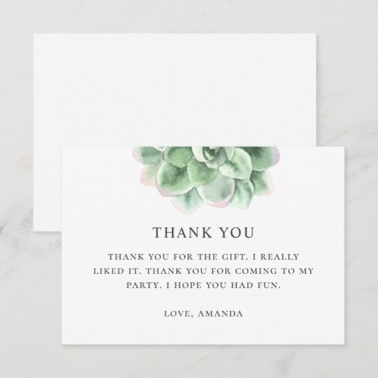 Waterverf groene succulent. Bloemencactus verjaard Bedankkaart (Voorkant / Achterkant)