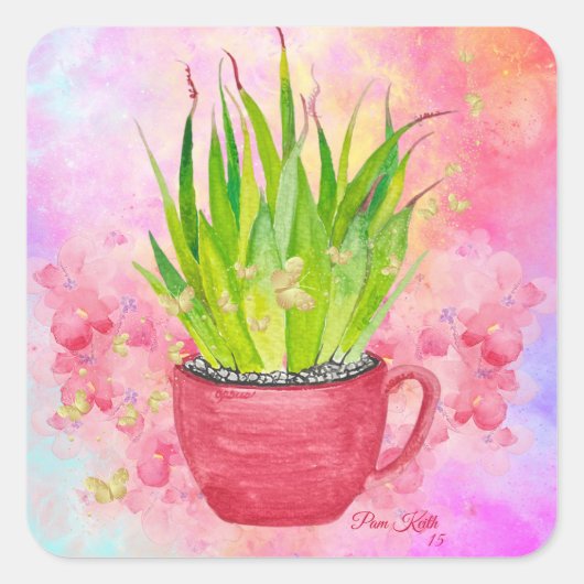 Waterverf groene succulent met roze punten vierkante sticker (Voorkant)