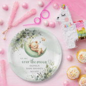 Waterverf groene teddybeer boven de maan papieren bordje (Feest)