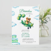 Waterverf Groene Teddybeer Vliegtuig 5e Verjaardag Kaart (Staand voorkant)