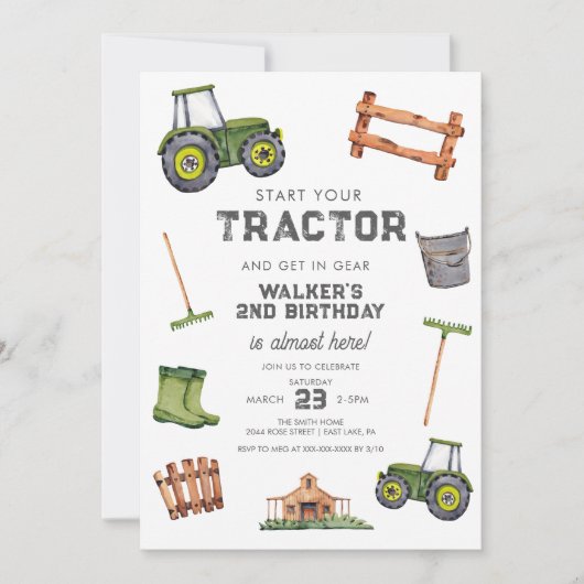 Waterverf Groene Tractor 2e Verjaardag Kaart (Voorkant)