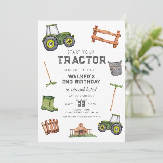 Waterverf Groene Tractor 2e Verjaardag Kaart (Staand voorkant)