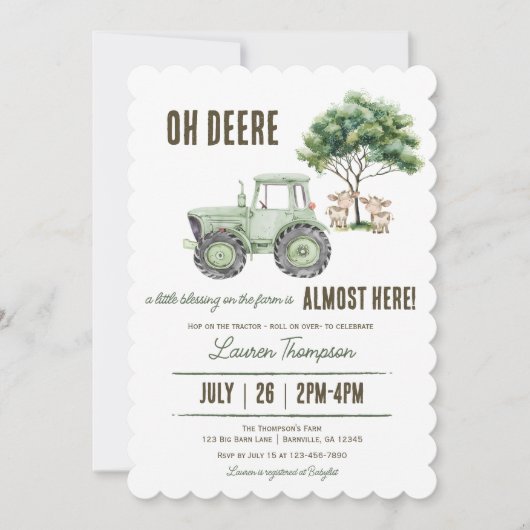 Waterverf Groene Tractor Boerderij Baby shower Uit Kaart (Voorkant)