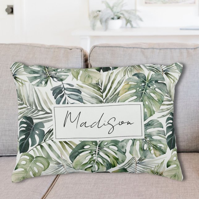 Waterverf groene tropische bosbladeren accent kussen (In situ)