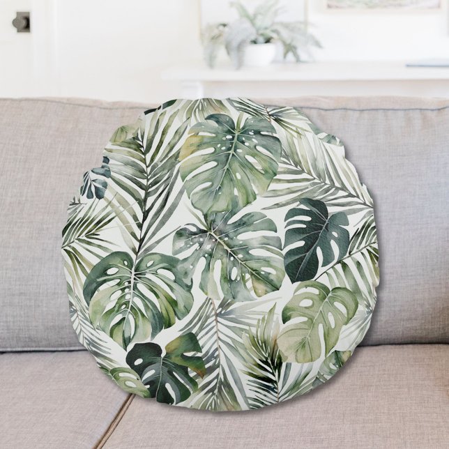 Waterverf groene tropische bosbladeren rond kussen (In situ)