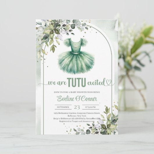 Waterverf groene tutu jurk eucalyptus en goud kaart (Staand voorkant)