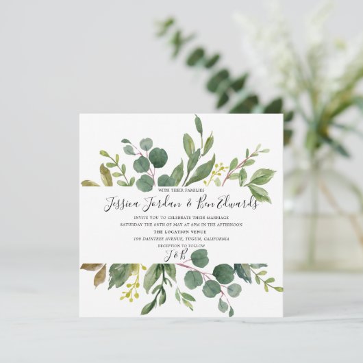 Waterverf Groene Uitnodiging tot bruiloft (Staand voorkant)