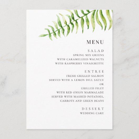 Waterverf groene varen. Groen botanisch bruiloft Menu (Voorkant)
