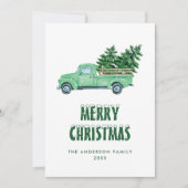 Waterverf Groene Vrachtwagen Sneeuw Vrolijke Kerst Feestdagenkaart (Voorkant)
