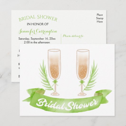 Waterverf Groene Vrijgezellenfeest Champagneglazen Uitnodiging Briefkaart (Voorkant / Achterkant)