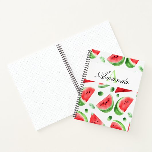 Waterverf Groene Watermeloen Slices Meisje Monogra Notitieboek (Binnen)