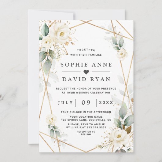 Waterverf Groene Witte Bloemen Gouden Bruiloft Kaart (Voorkant)