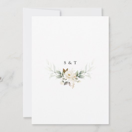 Waterverf Groene Witte Bloemen Gouden Bruiloft Kaart (Achterkant)