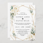 Waterverf Groene Witte Bloemen Gouden Bruiloft Kaart (Voorkant / Achterkant)