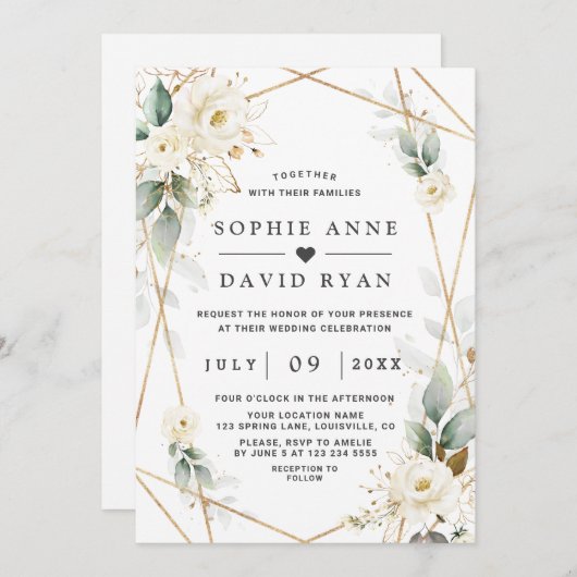 Waterverf Groene Witte Bloemen Gouden Bruiloft Kaart (Voorkant / Achterkant)