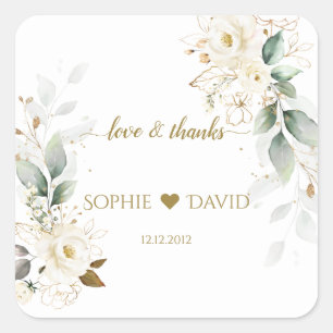 Waterverf Groene Witte Bloemen Gouden Bruiloft     Vierkante Sticker