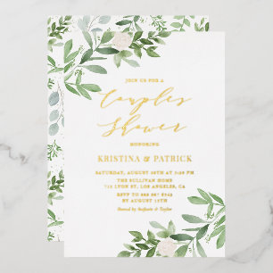 Waterverf Groene Witte Bloemen Koppels Shower Folie Uitnodiging