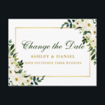 Waterverf Groene-witte Floral-Gold-verandering Dat Briefkaart<br><div class="desc">Moderne Elegant Waterverf Green White Floral Change The Date Wedding Postponement Briefkaart kenmerkt blanke pinda's,  groen en een gouden lijst.</div>
