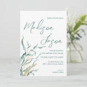 Waterverf Groene Zeaweed Beach Wedding Invitations Kaart (Staand voorkant)