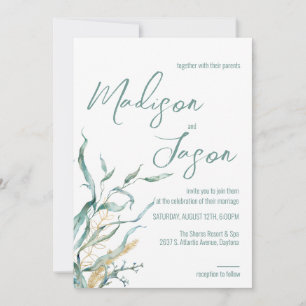 Waterverf Groene Zeaweed Beach Wedding Invitations Kaart