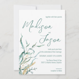 Waterverf Groene Zeaweed Beach Wedding Invitations Kaart