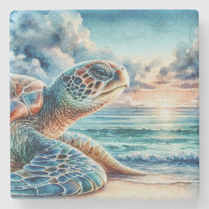 Waterverf Groene Zeeschildpad op Zandstrand Stenen Onderzetter