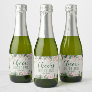 Waterverf Groenen en Roze Tropisch Sparkling Wijnetiket